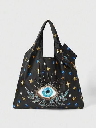 Fairycore 1pc Fashionable Eye-Shaped Celestial Motif Storage Pouch, Large Capacity Foldable Tote Bag With Coin Purse