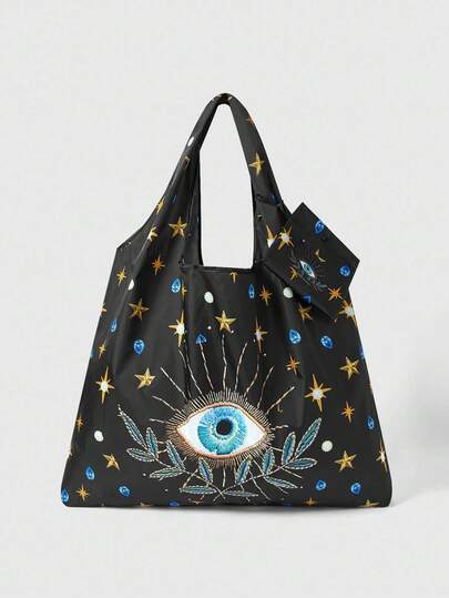 Fairycore 1pc Fashionable Eye-Shaped Celestial Motif Storage Pouch, Large Capacity Foldable Tote Bag With Coin Purse