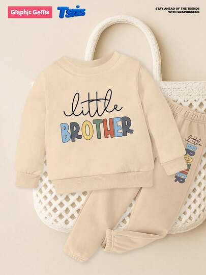 GraphicGems 2 piezas Conjunto informal de sudadera con cuello redondo y pantalones con estampado gráfico de letras coloridas para niños pequeños, conjunto de moda para otoño