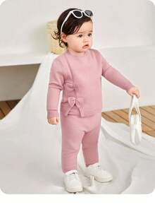 SHEIN 女婴可爱纯色针织毛衣配蝴蝶结装饰和松紧腰裤套装，秋冬季
