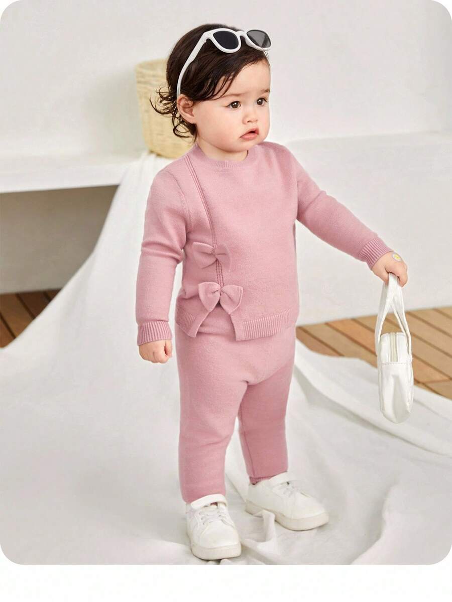 SHEIN 女婴可爱纯色针织毛衣配蝴蝶结装饰和松紧腰裤套装，秋冬季
