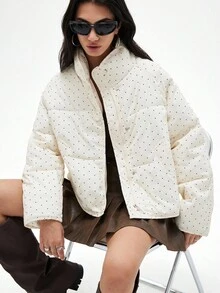 GENKIRA 奶白色撞色黑白波点立领休闲宽松百搭女士棉服外套 - 米色 - 查看 4