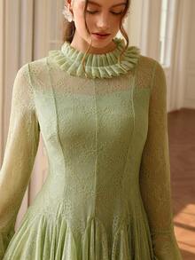 Aveloria Rosie Green Crochet Lace Ruffle Trim Pleated Bodice Flared Skirt Waist Cinched Party Dress, Elegant & Versatile Women Long Sleeve Dress