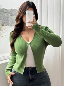 Dazy Plus Áo len cardigan ngắn cổ chữ V thời trang thường ngày cỡ lớn dành cho nữ, mùa xuân/thu - màu xanh lá - Xem 5