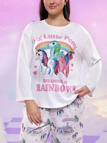 My Little Pony X SHEIN Plus Size Cute Horse Print Round Neck Long Sleeve Top And Pants Pajama Set, Autumn, Cozy Outfit, Fall Winter Clothes - Multicolor - View 6