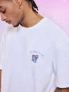 My Little Pony X SHEIN Men's Casual Cute Cartoon & Letter Graphic Dropped Shoulder Loose Short Sleeve White T-Shirt, Summer - White - View 4