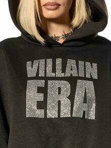 SUMWON WOMEN Oversized Rhinestone Villain Era Statement Hoodie With Drawstring For Women Winter Streetwear - Black - View 4