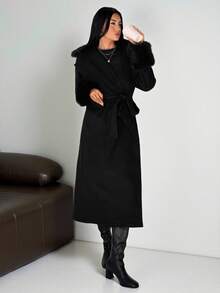 SHEIN Tall 女士优雅简约基本款休闲通勤办公室卡其色外套，带毛领、毛袖和腰带，宽松版型，秋冬 - 黑色 - 查看 3