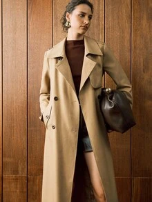 梭织纯色插肩袖收腰半开下摆开衩户外休闲通勤工作服女春秋冬风衣 - 卡其色 - 查看 6