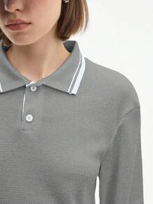 Gameset SHEIN Sport 女式条纹长袖休闲健身运动 Polo 衫 - 灰色 - 查看 7