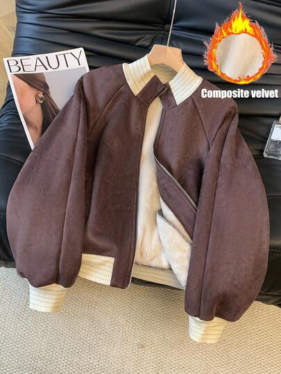 GlowEve Faux Fur Ribbed Patchwork Zipper Front Casual Retro Women Jacket