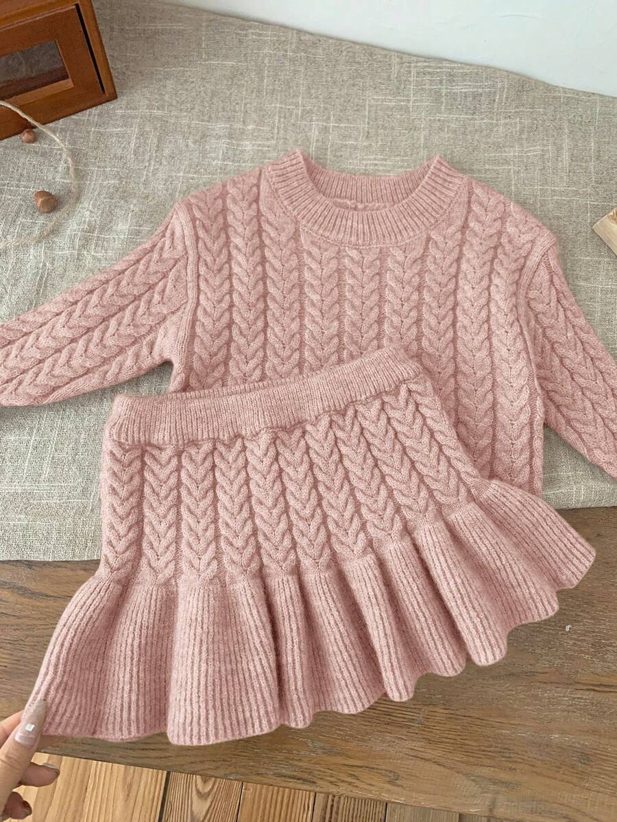 SHEIN LMoss Kids LMoss 女婴 Babygirl 两件套卡其色长袖毛衣和松紧腰荷叶边下摆短裙套装，秋冬