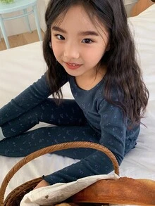 DAZY 2pcs Young Girl Girls Ditsy Floral Long Sleeve Knit Top And Pants Homewear Set, Fall - Navy Blue - View 7