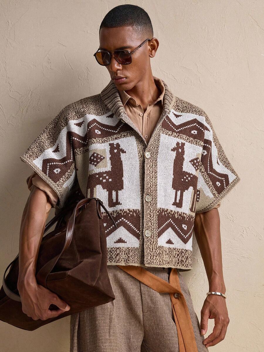 AKNOTIC Business Casual Áo len dệt kim họa tiết hình học và động vật thời trang nam - Màu Khaki - Xem 1