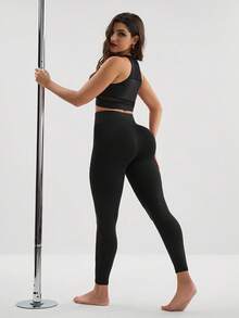 Menodora SHEIN Sport 2 件套健身瑜伽服健身房服装套装对比色网眼上衣宽带腰部紧身裤健身女士套装 - 黑色 - 查看 2