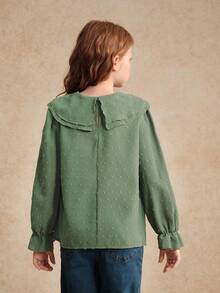 Tween Girl Solid Color Bow Collar Long Sleeve Cute Blouse Fall Winter - Army Green - View 2