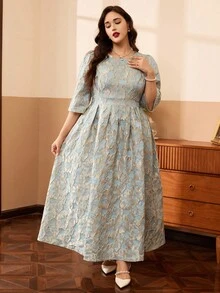 Auvina Váy dự tiệc màu xanh lá cây xòe cổ tròn tay lửng chất liệu vải jacquard sang trọng thanh lịch cỡ lớn - màu xanh lá - Xem 1