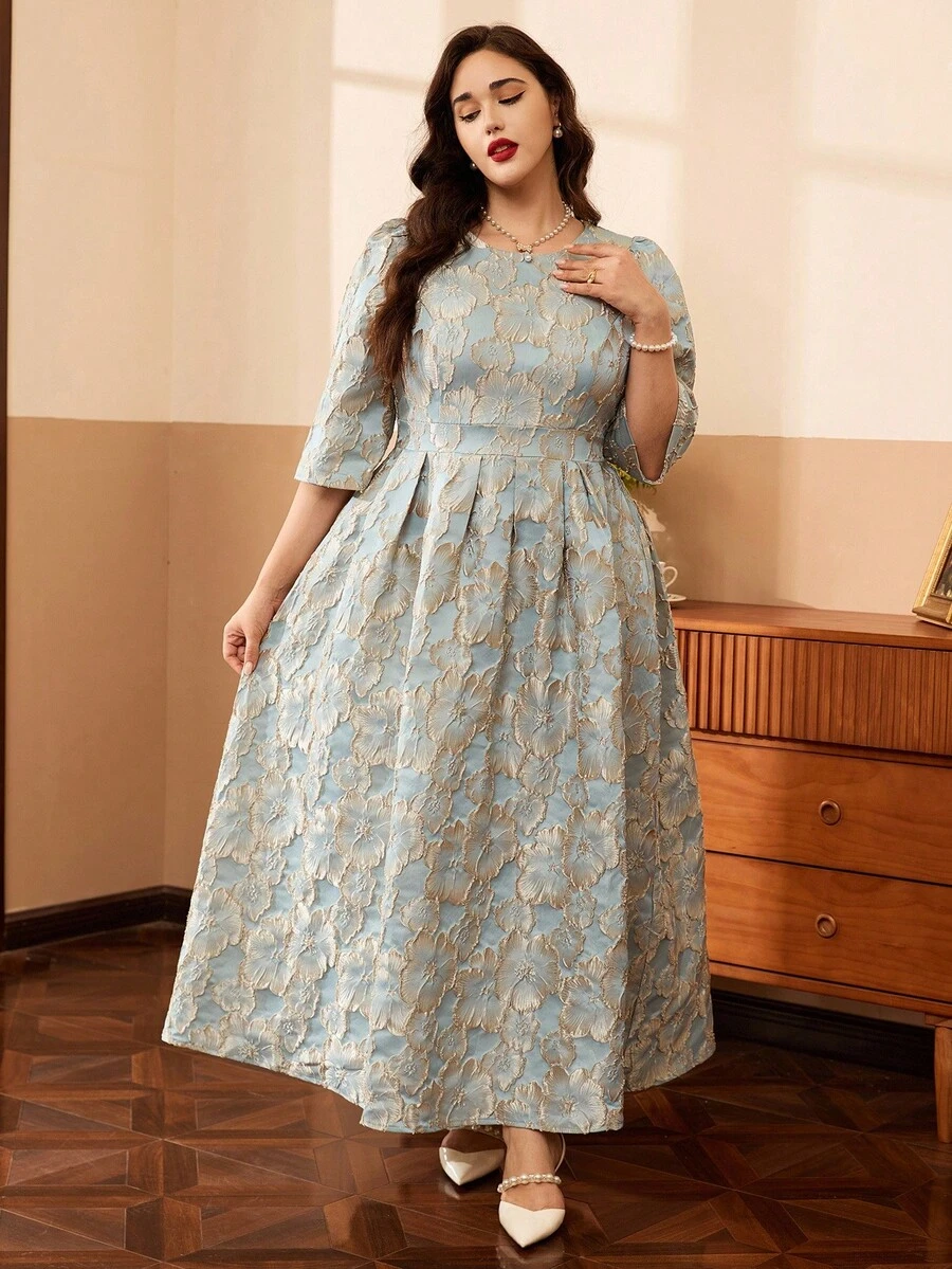 Auvina Váy dự tiệc màu xanh lá cây xòe cổ tròn tay lửng chất liệu vải jacquard sang trọng thanh lịch cỡ lớn - màu xanh lá - Xem 1