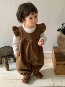 DAZY 婴幼儿女童圆领纯色盖袖连体衣，韩版，秋冬 - 摩卡棕 - 查看 4
