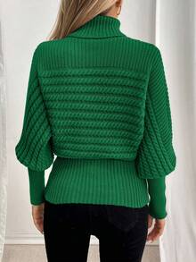 EMERY ROSE Turtleneck Cable Knit Loose Chic Oversized Slim Fit Pullover Sweater - Dark Green - View 2