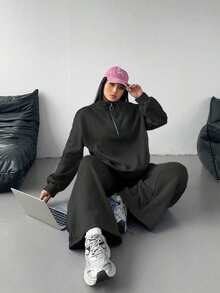 POPSWAY Plus Size Casual Solid Color Sweatshirt And Sweatpants Set