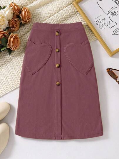 Sparklyn 女童休闲灯芯绒心形口袋中长修身半身裙，春秋