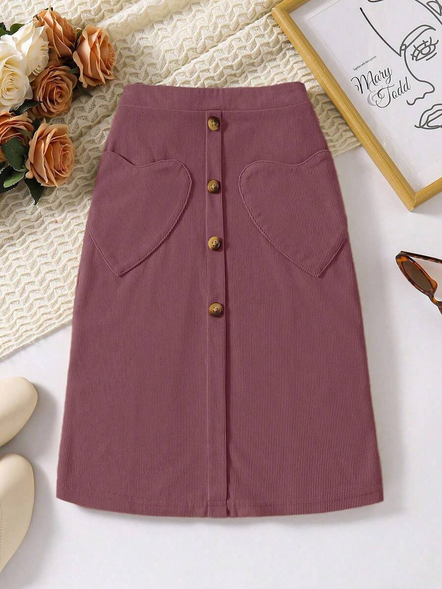 Sparklyn 女童休闲灯芯绒心形口袋中长修身半身裙，春秋