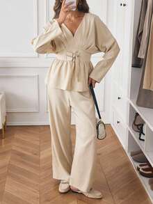 Louniche Women's Solid Color V-Neck Long Sleeve Elegant Top And Pants 2 Pieces Set