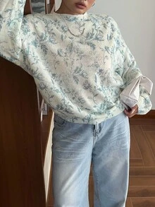 Dazy Plus 女式时尚花卉印花宽松加大码圆领套头衫，春秋季 - 淺藍色 - 查看 4