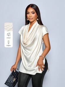 SOLERSUN Women's Elegant Sexy Party Draped Front Batwing Sleeve Satin Blouse,Suitable For Daily Wear And Dating - Apricot - View 1