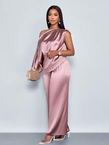 SOLERSUN Women's Fashionable Solid Color Elegant Ruched Asymmetrical Neck Stylish And Sophisticated Batwing Sleeve Asymmetrical Hem Satin Blouse & Straight-Leg Elegant Long Pants Sets