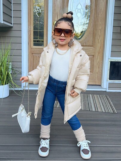 SHEIN Young Girl Solid Color Hooded Casual Padded Coat In Fall/Winter