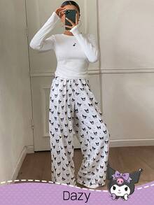 DAZY HELLO KITTY AND FRIENDS | SHEIN 女士卡通图案修身长袖上衣和印花直筒裤睡衣套装，秋冬服装 - 白色 - 查看 6