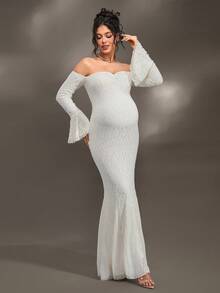 Cheriluna Maternity Vestido de maternidade com manga comprida e ombro de fora, justo, de chiffon e renda, adequado para festa de Natal, festa elegante, chá de bebê