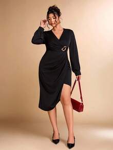 Cravure Christmas Plus Size Women's V-Neck Metal Buckle Elegant Wedding Guest Dress, Suitable For Office Wear, Autumn/Winter - Black - View 8