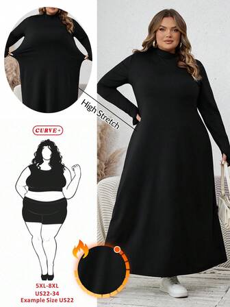 SHEIN CURVE+ Plusstorlek Elegant Enfärgad Höghalsad Långärmad Slim-Fittande Klänning För Damer, Vår- Och Höstlångklänning, Svart Långklänning, Sexig Vinterlångklänning, Långärmad Långklänning, Avslappnad Basklänning