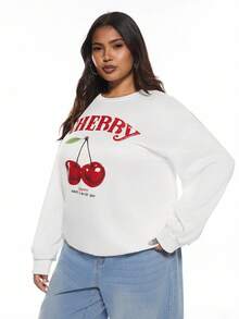 SHEIN EZwear Casual Minimalist Cherry Print Pattern White Round Neck Loose Fit Plus Size Women Sweatshirt In Fall/Winter