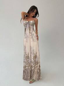 Aloruh 优雅印花杏色吊带长裙 - 粉色 - 查看 4