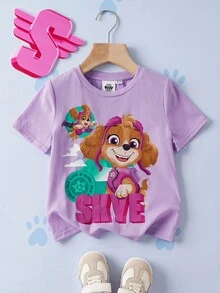 SHEIN | PAW Patrol 少女卡通可爱斯凯图案圆领落肩短袖宽松休闲紫色T恤 - 紫色 - 查看 2