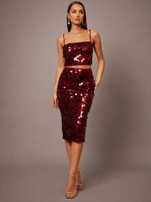 Silquee Autumn And Winter Women's Cocktail Party Nightclub Event Evening Party Wine Red Sequined Suspender 2 Piece Suit Sexy Red Spaghetti Strap Tight 2 Piece Suit Christmas Party Dress Sequin Women's Cocktail 2 Piece Suit Mid-Length Straight Back Middle Slit Elegant 2 Piece Suit, Women's Wedding Guest Dress, Women's Birthday Dress, Women's Formal 2 Piece Suit, Women's Cocktail 2 Piece Suit, Halloween, Christmas, Party, Autumn Wedding Guest 2 Piece Suit - Red - View 5