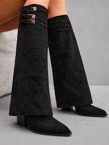 CUCCOO SZL Cuccoo 尖头过膝粗跟高筒靴，性感女式马靴 - 黑色 - 查看 7