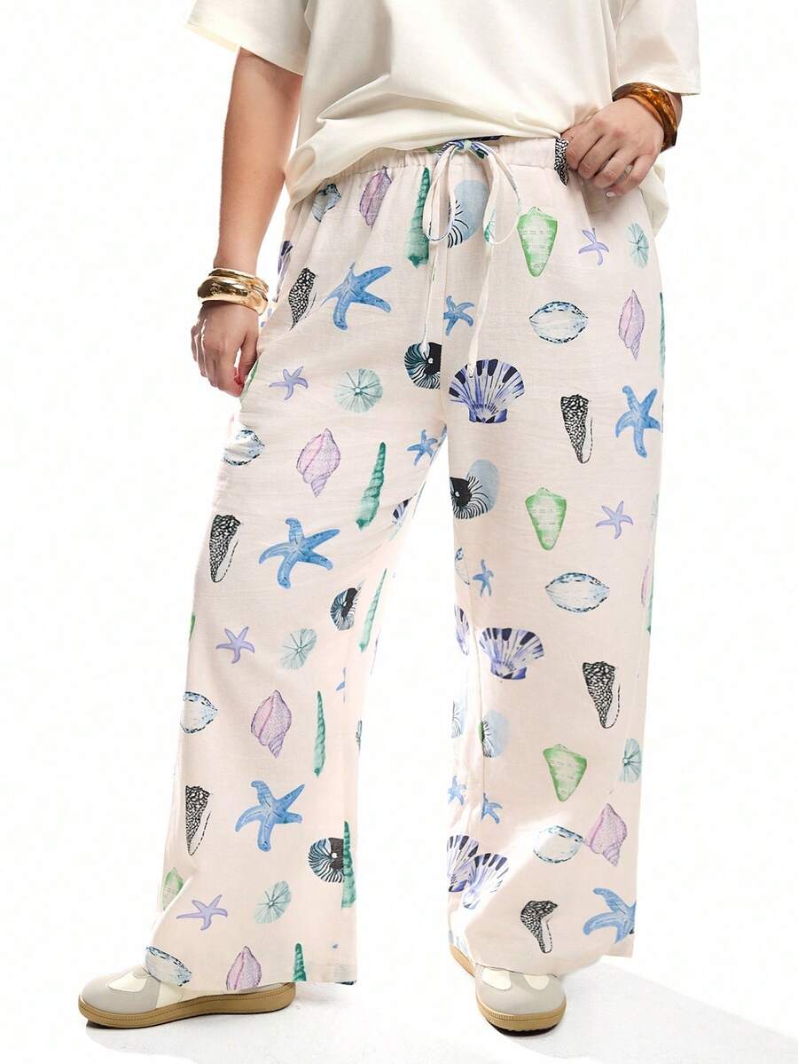Solavibe Plus Size Comfortable Cotton Ocean Print Loose Straight Drawstring Pants, Suitable For Summer Vacation,Summer Pants - White - View 1