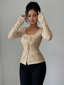 SHEIN Allurite 休闲纯色前系带修身长袖女式T恤 - 卡其色 - 查看 3