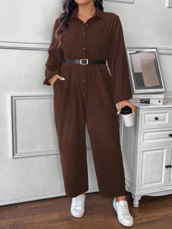 SHEIN Frenchy Plus Size Women's Autumn Solid Color Long Sleeve Loose Pocket Casual Shirt Jumpsuit, Autumn Long Sleeve Jumpsuit, Button Decoration, Casual Outing Women's Clothing, Spring Summer Autumn Women's Clothing Brown Set Women Brown 2 Piece Set Brown Jumpsuit Long Sleeve Jumpsuits For Woman
