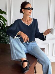 Serisse 女士休闲撞色贝壳边毛衣，秋冬 - 藏蓝色 - 查看 1