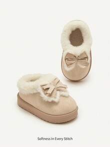 Cozy Pixies 1 par de zapatillas de invierno forradas y cálidas con decoración de lazo en color camello para niñas pequeñas, adecuadas para uso casual, diario, al aire libre y deportes en temporada de invierno - Beis - Ver 4