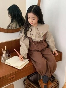 DAZY 2pcs Young Girl Girls Woven Collared Embroidered Long Sleeve Shirt + Bib Pants Set, Fall - Brown - View 1