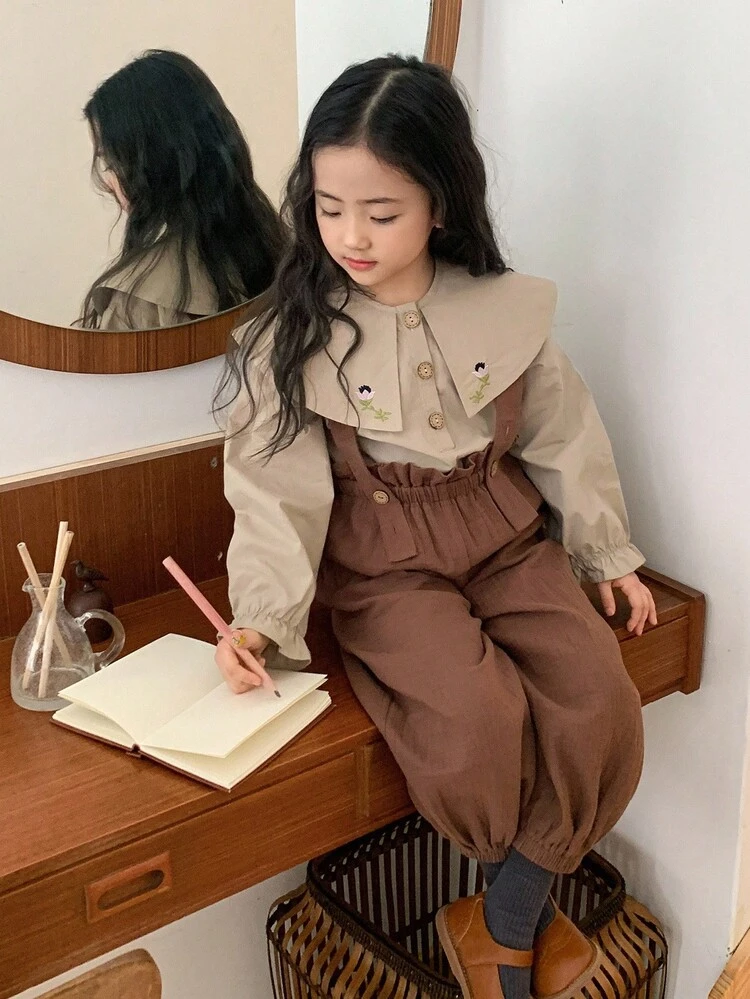 2pcs Young Girl Girls Woven Collared Embroidered Long Sleeve Shirt + Bib Pants Set, Fall