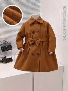 SHEIN Baby Girl Khaki Thermal Lined Long Coat With Lapel Collar, Casual & Cute, Autumn/Winter - Brown - View 6