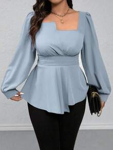 EMERY ROSE Plus Size Square Collar Ruffled Hem Peplum Top,Dusty Blue Elegant Lantern Long Sleeve Blouse For Women,Autumn Dinner Casual Solid Color Curvy Shirt - Baby Blue - View 3